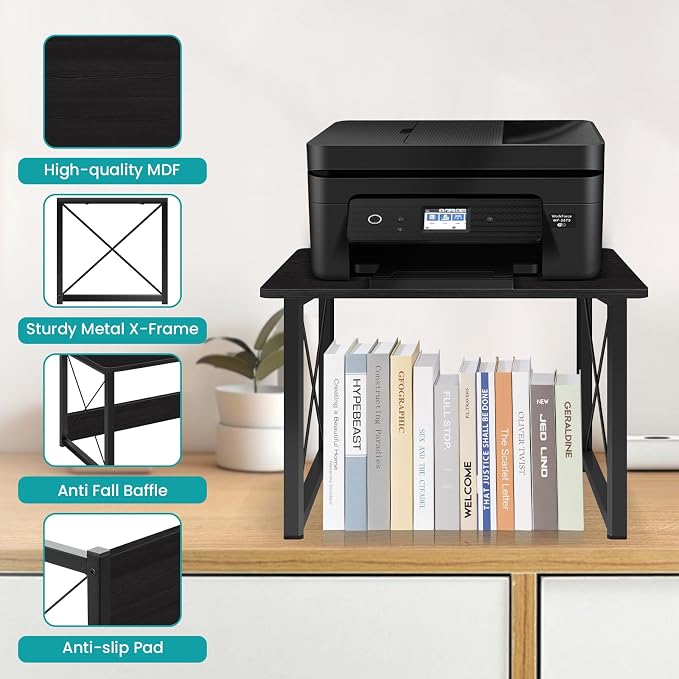 ELITEROO Desktop Printer Stand With Storage, Table Stand Small Desk Shelves Organizer for Home/Office, Multi-Purpose Heavy Duty Riser for Fax Machine Copier Scanner (Black)