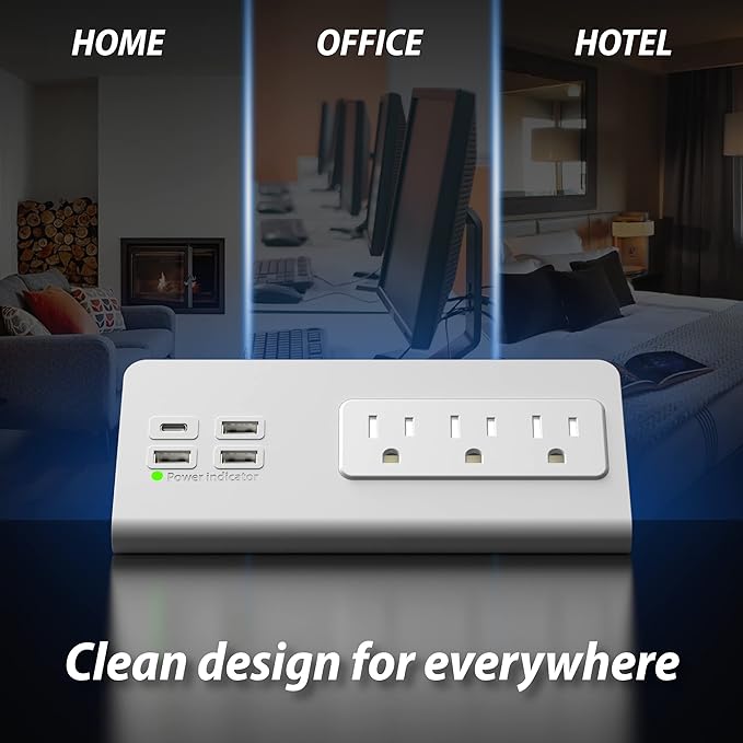 Nightstand Edge Mount Power Strip with USB-C Ports Tabletop Surge Protector Desk Clamp Power Sockets with 3 AC Outlets &4 Fast Charging USB Ports for Home Office Hotel and Dormitory (White(2-Pack))