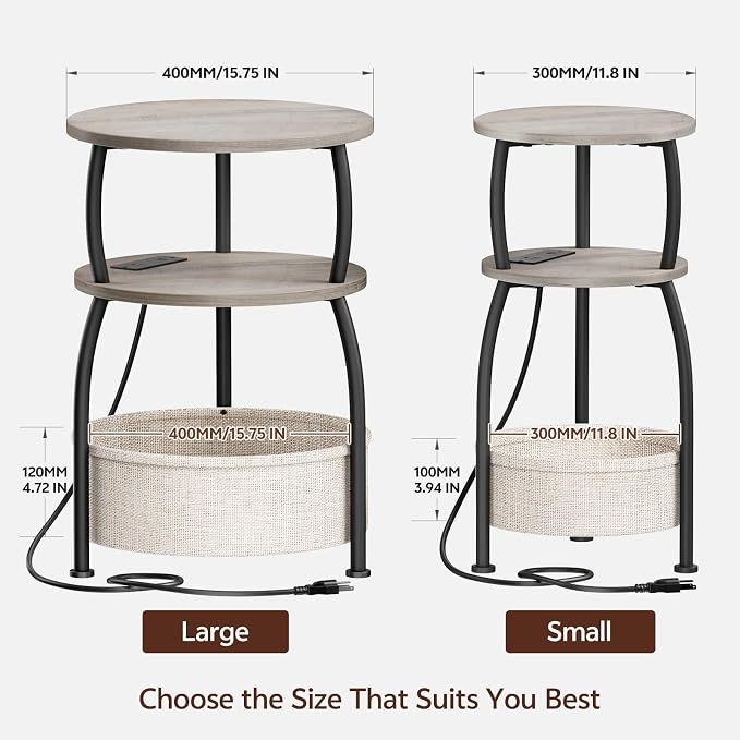 Round Side Table with Power Outlets and Type-C Port, USB Port Small Coffee Table with Basket, Space Saving End Table 3-Tier Bedside Corner Table Stand for Living Room, Bedroom, Garden 15.75in
