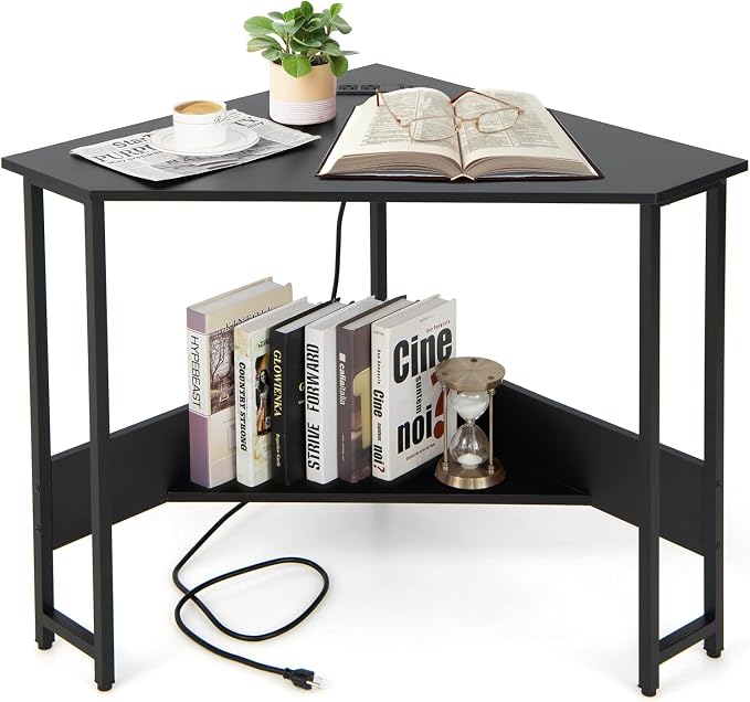 COSTWAY Corner Computer Desk, with USB Ports & Power Outlet, Storage Shelf for Small Space, Triangle Steel Frame Corner Desk for Home Office, Workstation (Black)