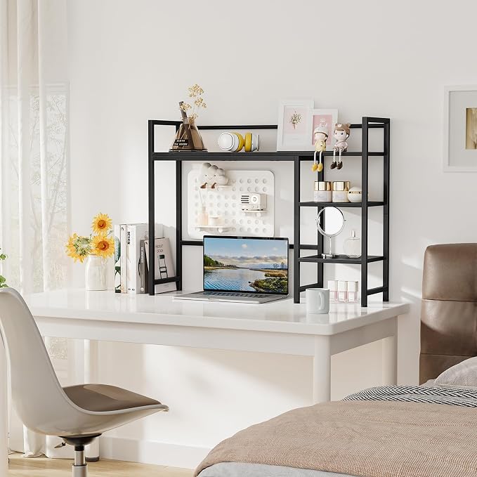Snughome Desk Shelf, 38.6" Desk Hutch for Computer Monitor, Desktop Organizer Shelf, 4 Tier Desk Display Rack, Wood Desktop Bookshelf Storage Rack for Home Office Dorm, Black