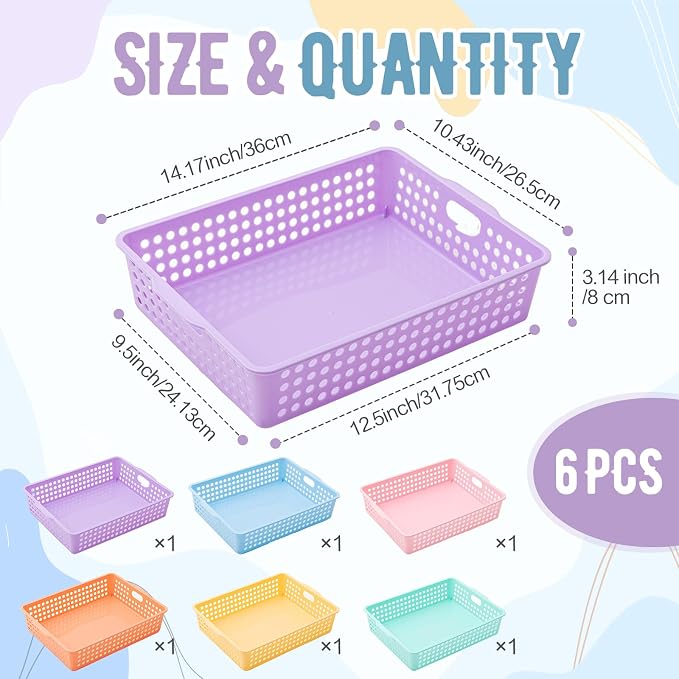 Geetery 12 Pack Classroom Storage Baskets with Handle 14''x10'' Paper Tray Holds A4 Turn in Trays Plastic Paper Baskets Desk Organizer Bin for Classroom, Library, Office, Home (Pastel Color)