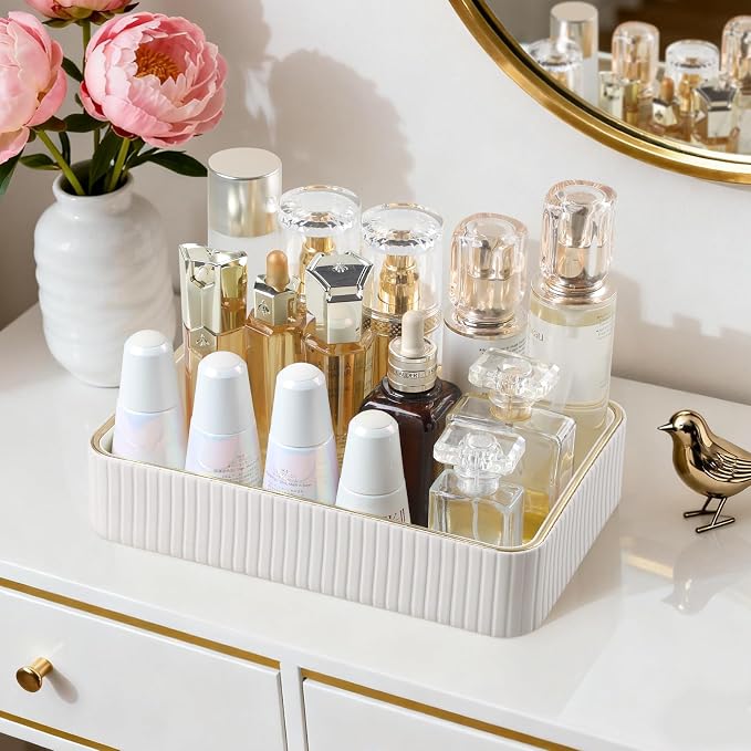 Desk Organizer Tray, PU Leather Nightstand Organizer Perfume Valet Tray for Men Women, Decorative Vanity Trays Trinket Dish Key Bowl for Entryway Table (Ivory, Medium)