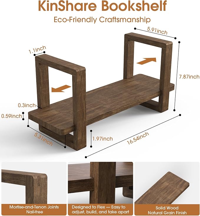 Small Bookend-Type Desktop Bookshelf – Rustic Handmade Vintage Style, Loose-Fit Reversible Organizer | Easily-Adjustable Desk Shelf for Home, Class, Dorm | Carbonzied Paulownia Solid Wood