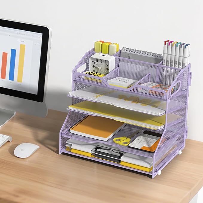 YINGHUA 5 Tier Paper Tray Letter Organizer with Top 6 Adjustable Compartments - Paper Sorter Office Desktop Accessories with Handles for Document,Mail,School Supplies Storage,Purple