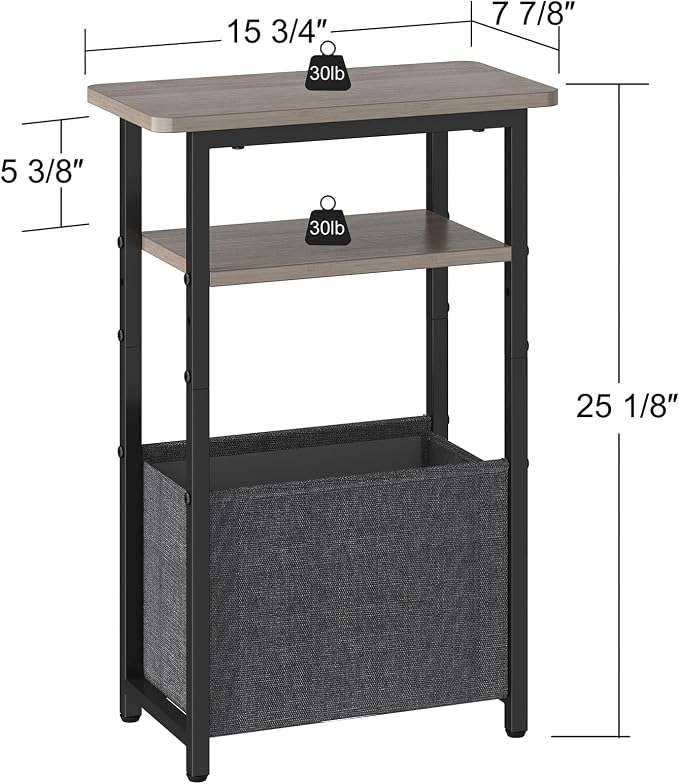 sthmec Narrow Side Table, Skinny End Tables with Fabric Basket, Small Side Tables for Small Space, 2-Tier Open Shelves with Basket, Slim Nightstands for Bedroom,Living Room,Office, Grey