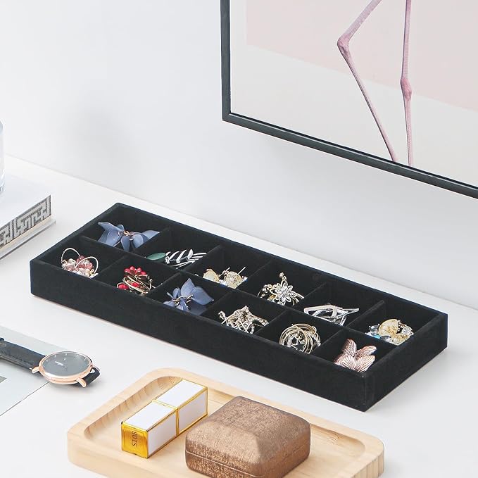 Divided Drawer Organizer, Velvet Jewelry Storage Tray for Necklace, Bracelet, Ring, Earring Display - Bedside Nightstand Desk Holder for Phone, Watch, Sunglasses, Cosmetics Storage/Black/12grid