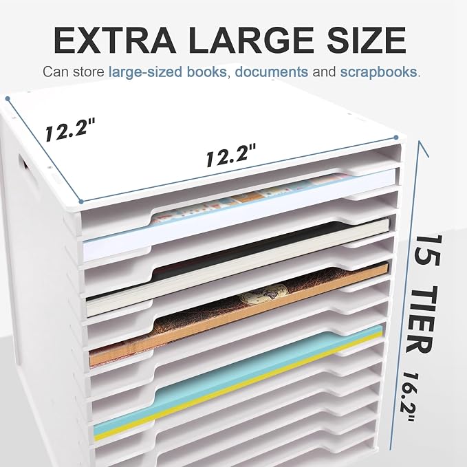 SONGWAY 12x12 Paper Storage Organizer - 15 Tier Desk File Organizer with Adjustable Shelves, Letter Mail Tray, 12x12 Stackable Scrapbook Paper Storage Cube for Home Office Classroom