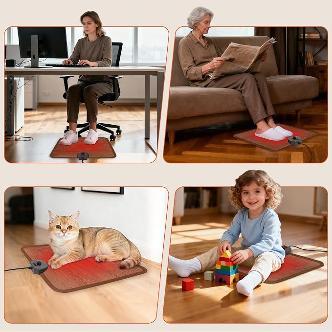 Heated Floor Mat Under Desk for Foot Warmer - Wider 110V Adjustable Temperature Electric Space Heaters Heating Pad - Carbon Crystal & Energy Saving Feet Warmers for Office,Home (Wood Grain)