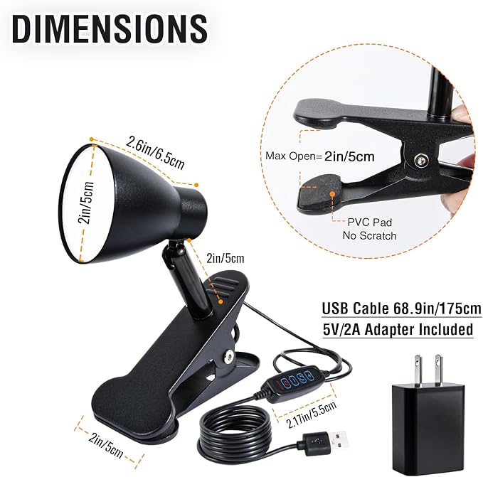 CRI90+ Clip Reading Light, Small Clamp on Bed Lamp for Bedside/Headboard/Desk/Bunk/Table/Shelf, 3 Color Temperature Options, 10 Dimmable Brightness Levels for Reading (6W/Adapter Included)