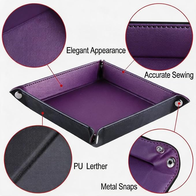 Valet Tray Desktop Storage Organizer – Vegan Leather Catchall Tray Bedside Vanity Tray Nightstand Caddy Holder for Remote Controller, Watch, Keys, Phone, Wallet, Coin, Jewelry, Purple