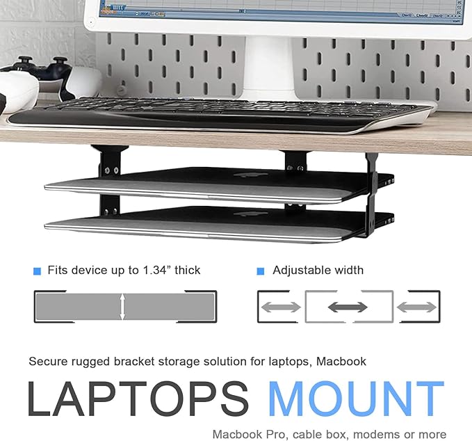 IFCASE 2 Tier Under Desk Laptop Mount, Double Decker Metal Under Desk Shelf Holder for Laptop, MacBook Pro, Keyboard with Anti-Scratch Silicone (Black)