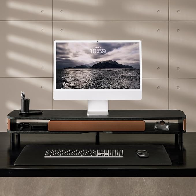 Fenge Monitor Stand with Large Drawer, 42.5 Inch Dual Monitor Riser for 2 Monitors, Ergonomic Computer Desk Shelf with Soft Touch Leather & Storage Organizer for Laptop, Computer, TV, PC, Printers