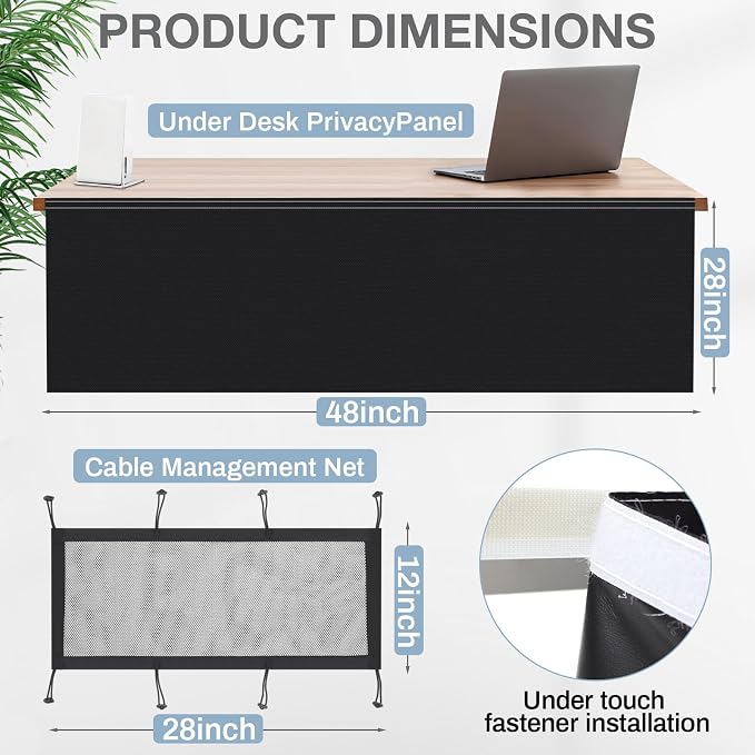 Tegeme 48'' Under Desk Privacy Panel with Cable Management Net Desk Skirt Self Adhesive Modesty Panel with Cord Organizer Pockets for Office Home Standing Workstation(Black)