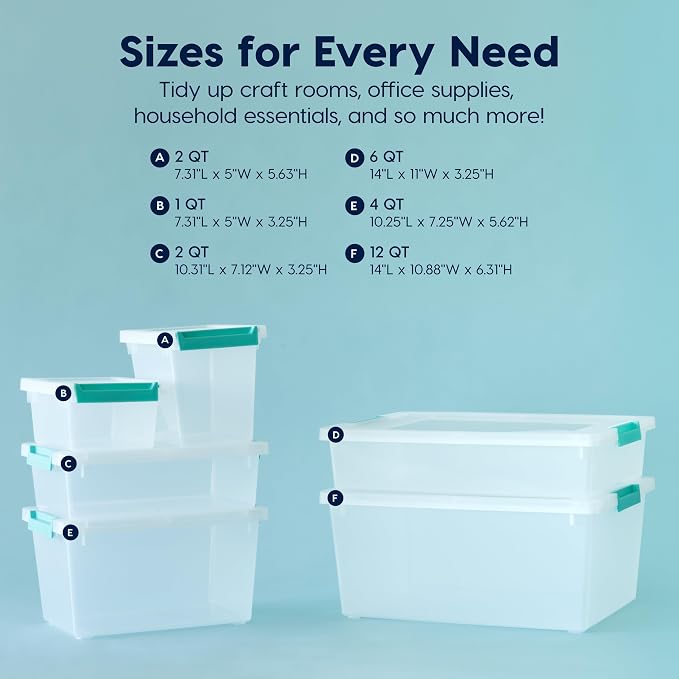 IRIS USA 2 Qt. Craft Storage Bins with Lids, 6-Pack, |Made in USA|, Clip Box, Small Tall Plastic Sensory Bin Tote Organizer Containers for Art Supplies, Paper, & Office, Stackable - Clear/Seafoam Blue
