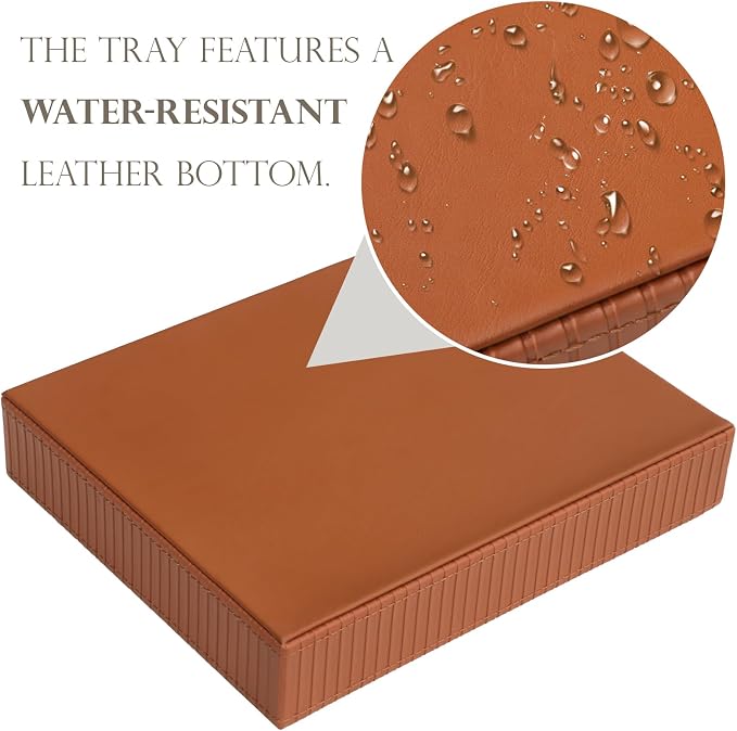 HofferRuffer Faux Leather Vanity Tray, Elegant Desktop Storage Organizer, Decorative Catchall for Perfume, Bathroom Valet, Nightstand or Dresser, 10.2 x 8.4 x 1.8 inches (Brown Stripe)