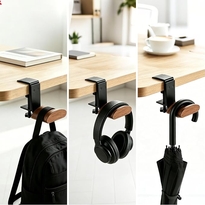 Headphone Holder Walnut Wood & Solid Metal Headset Hanger Stand for Desk Adjustable Design Ideal Headphone Stand for All Headphone Sizes