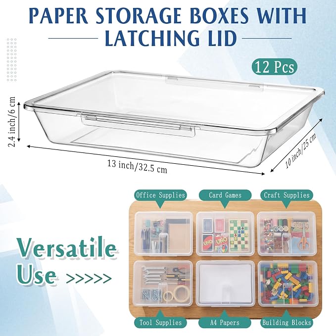Tinlade 12 Pcs Classroom Paper Storage Bins with Clear Latching Lid, Label Stackable Letter Size Flat Tray Container for Teacher Back to School Supplies Home Office Desk Arts Crafts (Clear,13x10in)