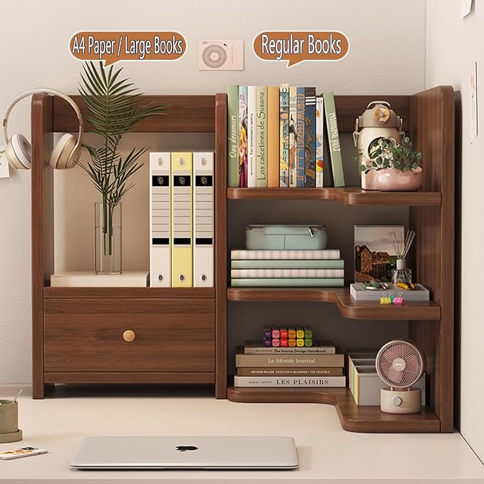 Corner Desk Organizer - Multi-Tier Bookshelf with Doors, Student/Office Desktop Storage Shelf, Home Bookcase & Clutter Solution (Walnut)