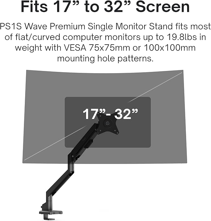 Pixio PS1S Wave Black Single Monitor Arm Stand Desk Mount - Fits up to 32 inches Monitors and up to 19.8lbs. VESA Compatibility and Integrated Cable Management