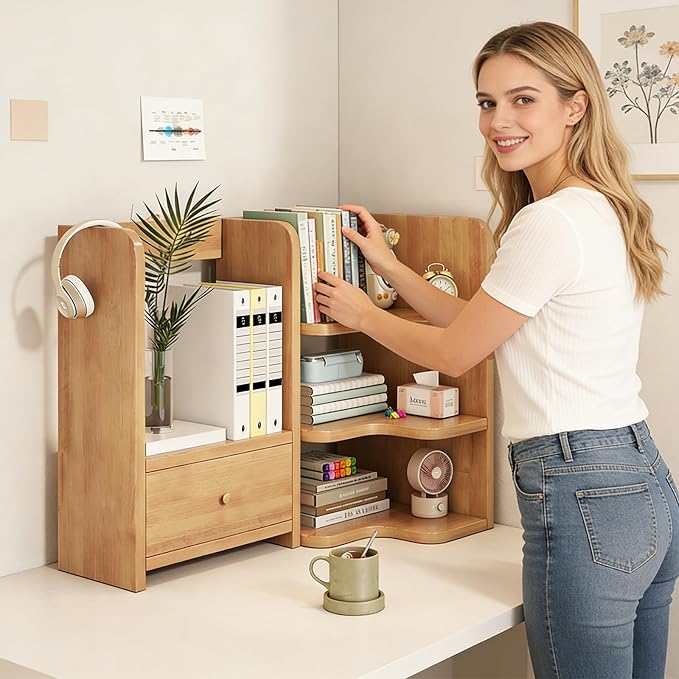 Corner Desktop Bookshelf with Drawer Wood Storage Organizer Shelves for Home Office Natural Wood 60cm/23.62in