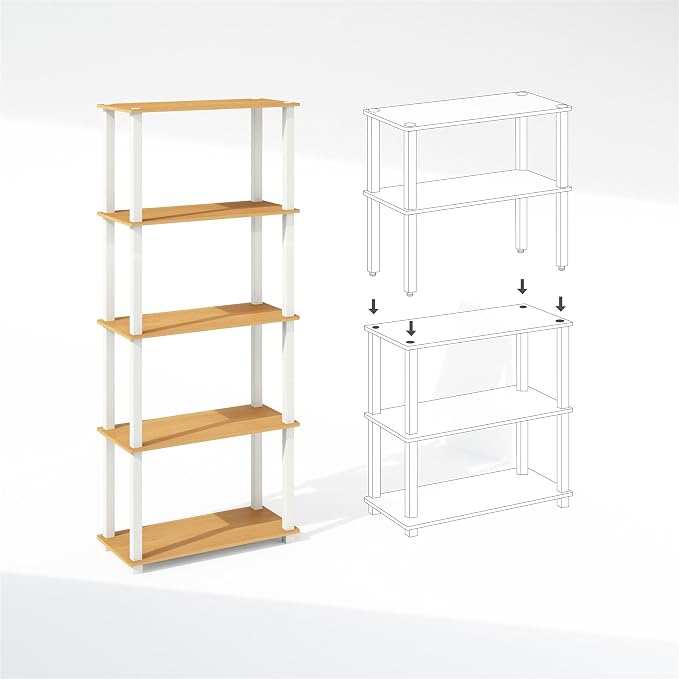 Furinno Turn-S-Tube Storage Shelves Set of 2, 3-Tier Book Shelf, Corner Shelf, Toolless Open Shelves, Square Tubes, for Organization and Storage, Living Room, Garage, Home Office, Beech