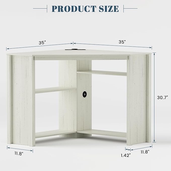 Corner Desk with Charging Station & LED Light, Triangle Computer Desk for Small Spaces with Storage Shelves & CPU Stand, Space Saving Writing & Makeup Vanity Desk -White