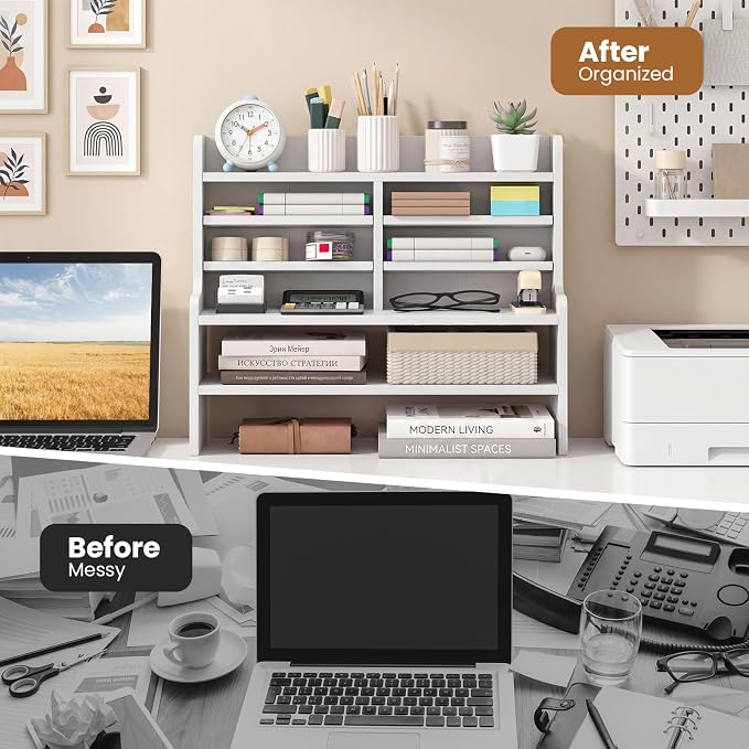 ERGOMASTER Desk Organizer, File Organizer with Multi Tier Storage Cubby Bookshelf, Desktop Organizer for Office Study Dorm Workspace Table Top Storage Rack, White, 19.5” x 6.5” x 16.5”