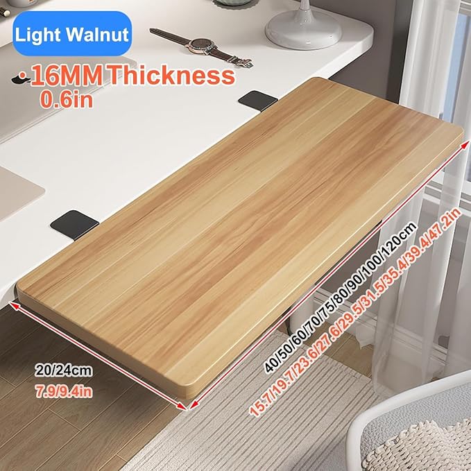 Ergonomic Desk Extender Tray, Clamp-on Kitchen Table Extension, Adjustable Computer Armrest Stand, Space-Saving Home Office Desktop Organizer Light Walnut L29.5*W7.9in