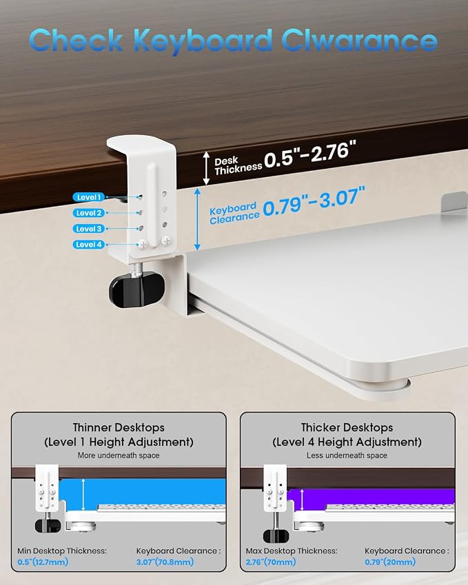 Small Keyboard Tray Under Desk, Pull Out Keyboard & Mouse Tray with Adjustable C-clamp, 20(25.9 Including Clamps) x 11.8 Inch Slide Out Computer Keyboard Drawer Mouse Tray for Typing, White