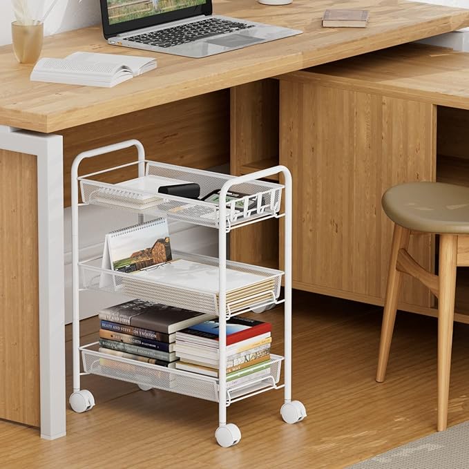 3-Tier Mesh Rolling Cart - 24.8" H Fits Under Desk Metal Cart with Wheel | Hold 35bls/Tier Small Space Storage Organizer Crafts Utility Cart for Office Pantry Bathroom Kitchen Laundry White
