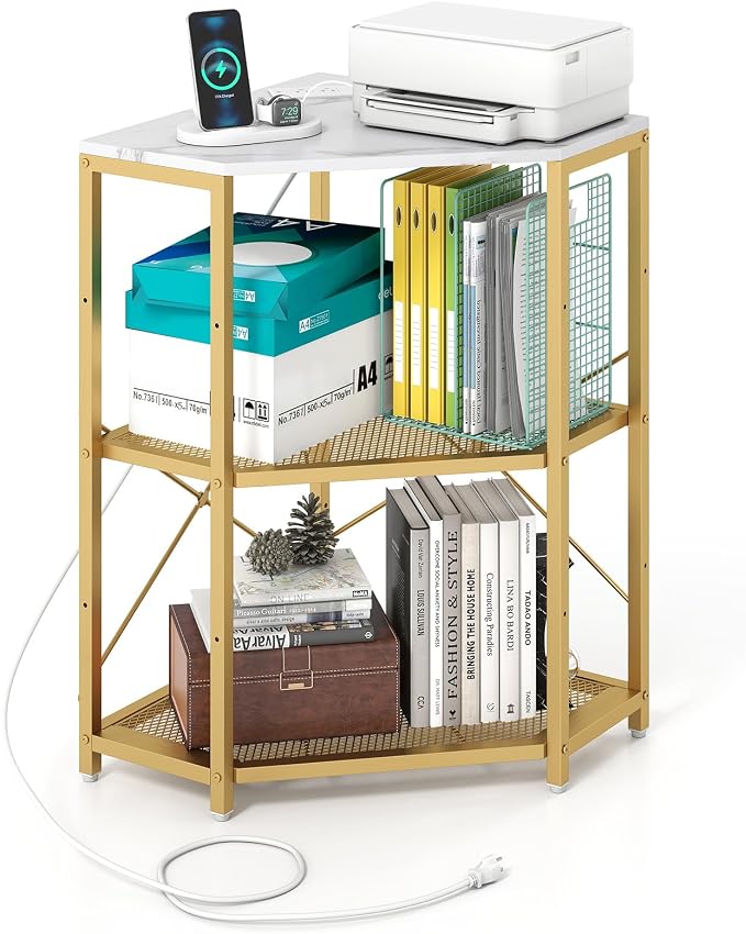 Tangkula Corner Printer Stand with Power Outlet, 3-Tier Storage Rack with Adjustable Metal Mesh Shelf, Freestanding Corner Table Computer Tower Holder for Home Office Living Room (White)