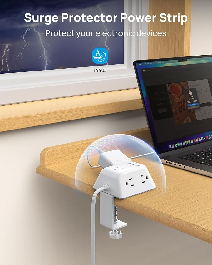 Desk Clamp Power Strip, Surge Protector with 5 AC Outlets and 3 USB Ports, Desk Mount Charging Station, Fit 1.97in Tabletop Edge Thick, 6FT Extension Cord, for Home Office Gaming Accessories, White