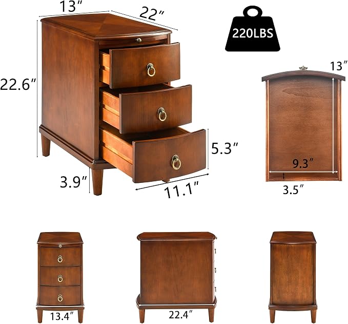 Vintage End Side Table with Slide-Out Tray and 3 Storage Drawers, Sofa Side Table for Small Space, Beside Table for Living Room, 13”W x 22”L x 22.6”H,No-Tools Assembly, Beeswax BG-A1569-MG