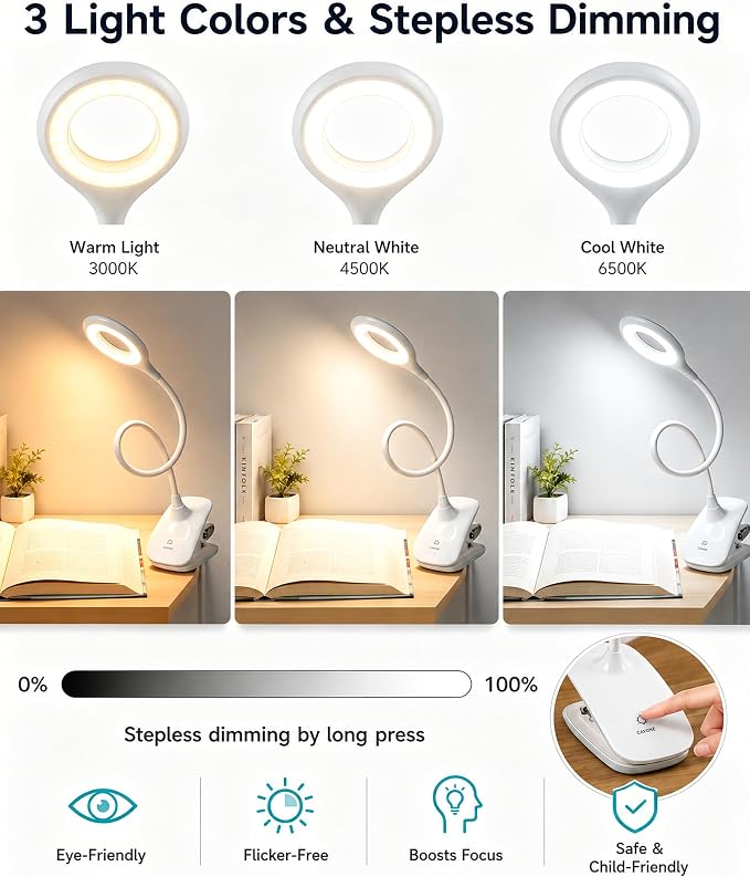 Clip On Reading Light for Bed Headboard, USB Rechargeable Cordless Clamp Lamp for Dorm Room Essentials, Touch Dim, 3 Colors, Eye Protect LED Desk Lamp for College Dorm Room, Gooseneck,White