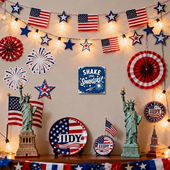Patriotic Wooden Box Sign,Shake Your Sparklers 4th Of July Signs Home Decor,Independence Memorial Day Block Sign for Desk Shelf Tabletop Decor