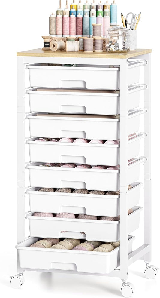 SYKIARIOL Rolling Cart with Drawers,8 Drawer Rolling Cart,Rolling Drawer Cart,Rolling Storage Drawer Cart,White Rolling Cart,Utility Cart with Drawers and Wooden Tabletop