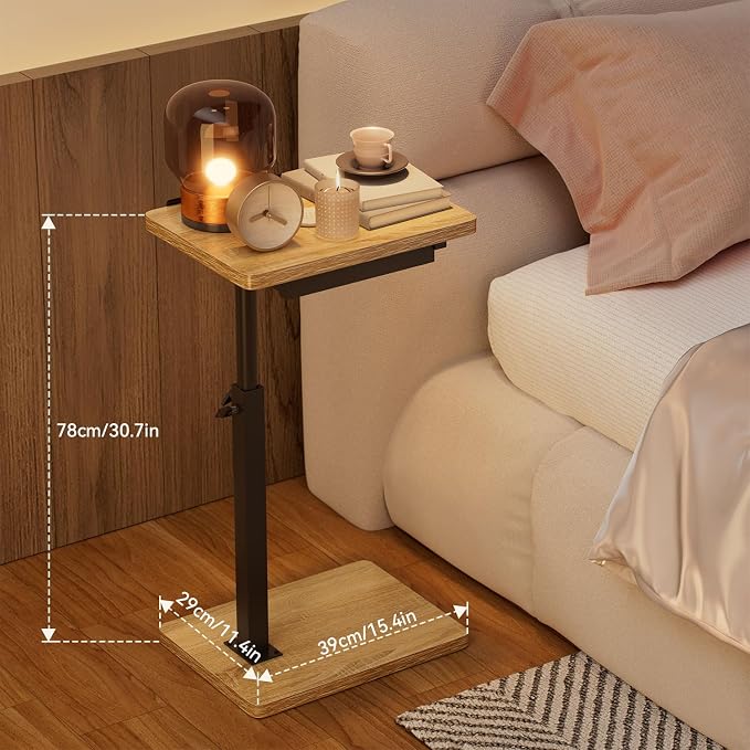 IBUYKE C Shaped Side Table, Angle Adjustable, 360° Swivel Height Adjustable End Table for Small Spaces, for Phone Computer & Tablet, Modern Small Coffee Snack Table for Sofa/Bed, Natural UTVT004R