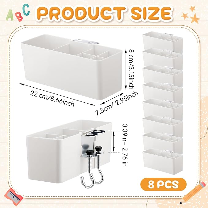 Reallnaive 8 Pcs Desk Side Storage for Classroom Back to School Desk Side Organizer Gift No Drill Holder Clamp Plastic Desks Organizer for Table Chair to Hold Pen Phone Notebook for Office Classroom