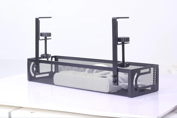4-in-1 Clamp-On Cable Managment Tray-No Drill Wire Organizer for Desk, Side, Front, or Shelf Mount-Heavy Duty Metal Mesh by Prince Supply Co.