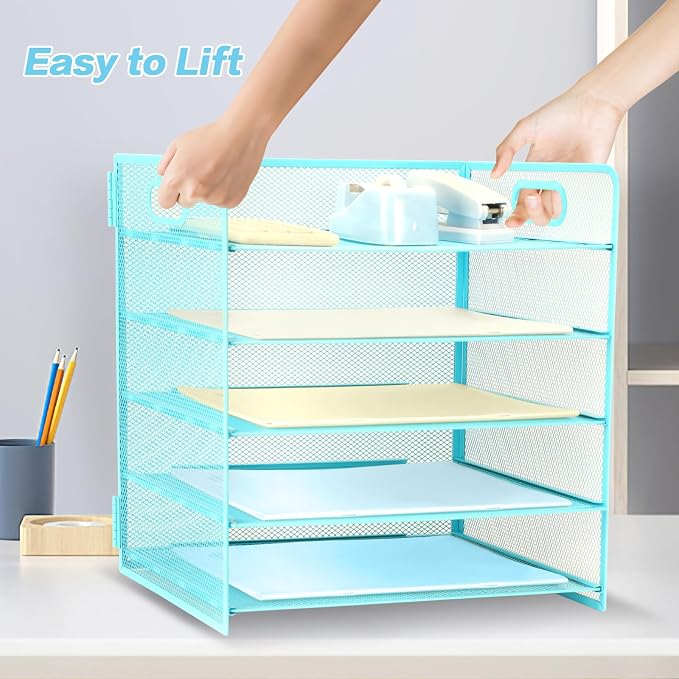5 Tier Lettrer Tray Organizer with Handle, Metal Mesh Desk File Organizer with Sliding Trays, Paper Sorter Desk for Home Office School, Blue