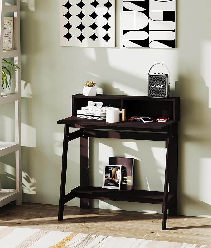 Small Desk with Storage, Corner Desk for Small Spaces, Computer Desk Study Desk with Shelf for Home Office Bedroom, Dark Walnut