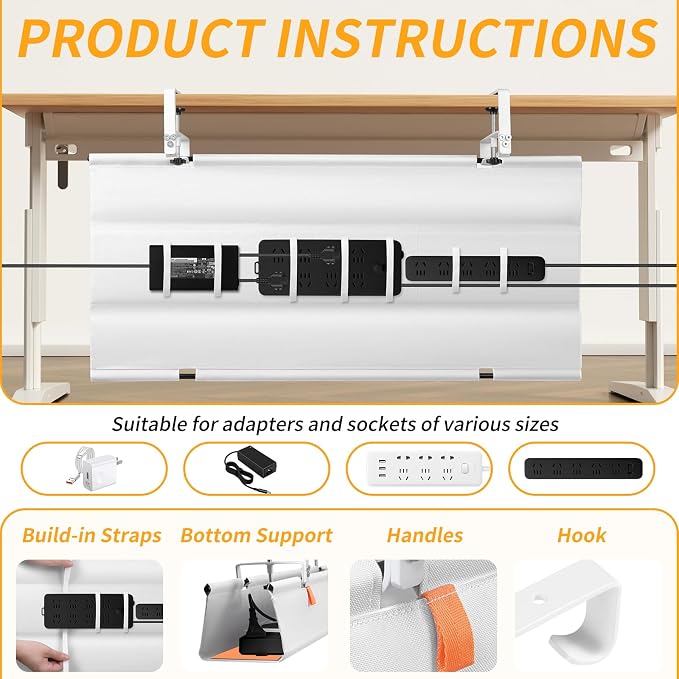 Under Desk Cable Management Tray, 36" No Drill Cable Management Under Desk, Storage Table Under Desk Organizer with Clamp/Screws, Standing Cord Organizer Tray White Fabric for Home Office