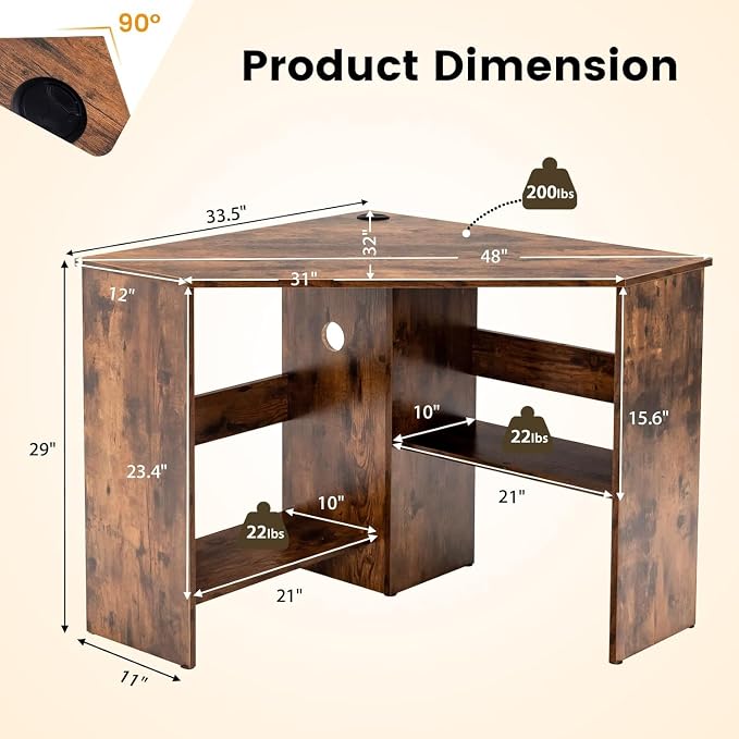 GOFLAME Corner Desk with Storage Shelves, Triangular Computer Desk with Cable Management Holes, Laptop Workstation for Small Space, Makeup Vanity Desk for Living Room, Study, Rustic Brown