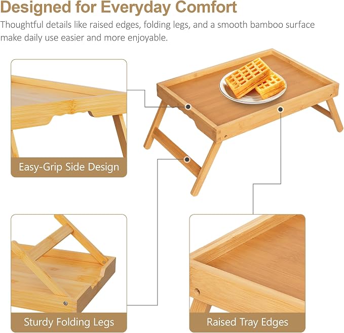 Breakfast Tray with Folding Legs Set of 2, Bamboo Bed Tray Table 15.7" Foldable TV Dinner Tray with Ergonomic Wave Handles for Bed Couch Sofa, Breakfast, Snacks, Coffee, Natural