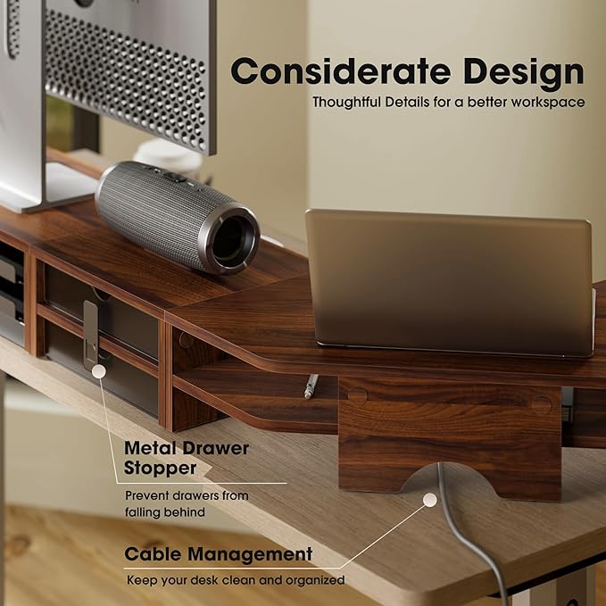 Fenge Dual Monitor Stand, 2-Tier Corner Monitor Riser with Drawer and Slide-out Tray, Triangle Desktop Shelf Organizer for Laptop Computer Printer Home Office Desk, Brown
