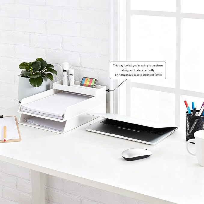 Amazon Basics Rectangular Plastic Desk Organizer, Half Accessory Tray for Office Supplies and Workspace Organization, 9.4" x 3.3" x 1", White