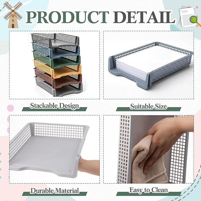 Geetery Set of 12 Plastic Trays for Teachers Turn in Trays Classroom Stackable Paper Tray Plastic Classroom Teachers Desk Letter Organizer Storage Baskets for Office, Desk, Home (Cottage Color)