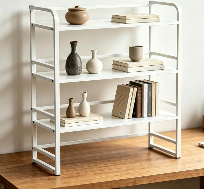 Office Desk Shelf Organizer, Wood Desktop Bookshelf Supplies Storage Rack, Shelf for Top of Desk and Dresser and Cubicle Decor Aesthetic Bookshelf (White White, Three Tier, 15.75Lx7.87Wx22.05H)