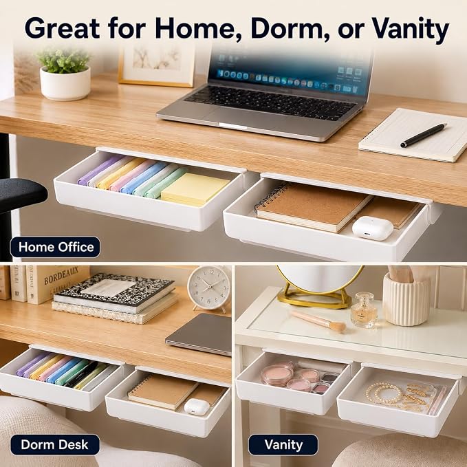 YOOUSOO Under Desk Drawer Organizer, 2 Pack Self Adhesive Slide Out Desk Storage Drawers, Hidden Desk Drawer Attachment for Pens, Notes, Earbuds, Cables and Small Office Accessories, White